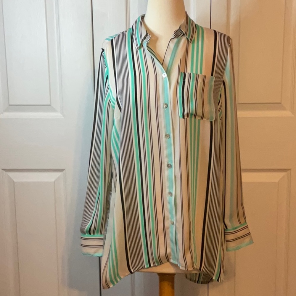 Chico’s Green Black White‎ Striped Top Blouse 0 Small